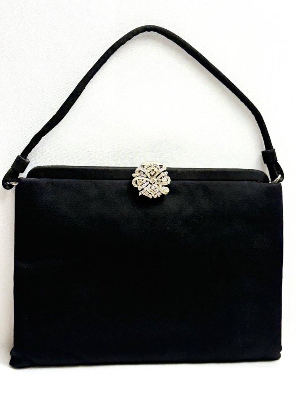 Crown Lewis Black Satin Vintage Evening Purse Rhinestone Bow Clasp 1950s